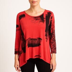Art of Cloth Tunic Top Abstract Print Cutout Back Red/Black L